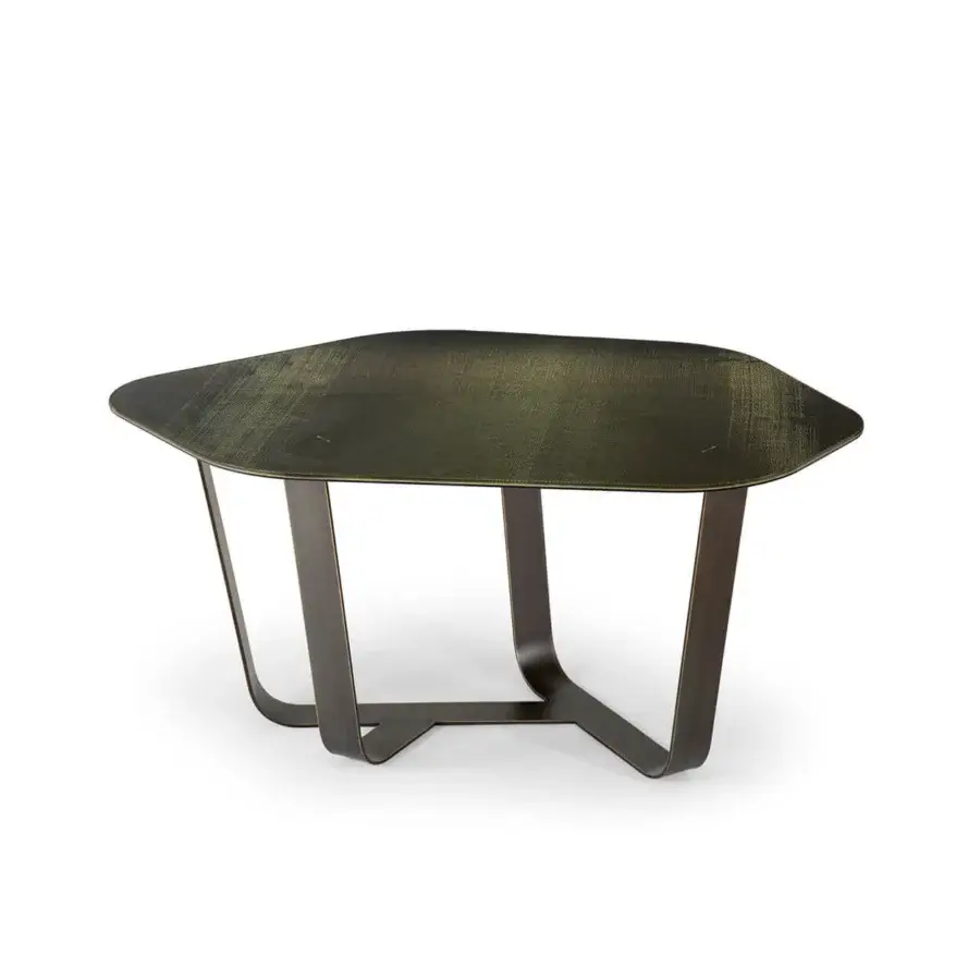Exclusive Borzalino Ground coffee table with organically shaped meshed glass top in dark green and gold tones and lacquered metal base