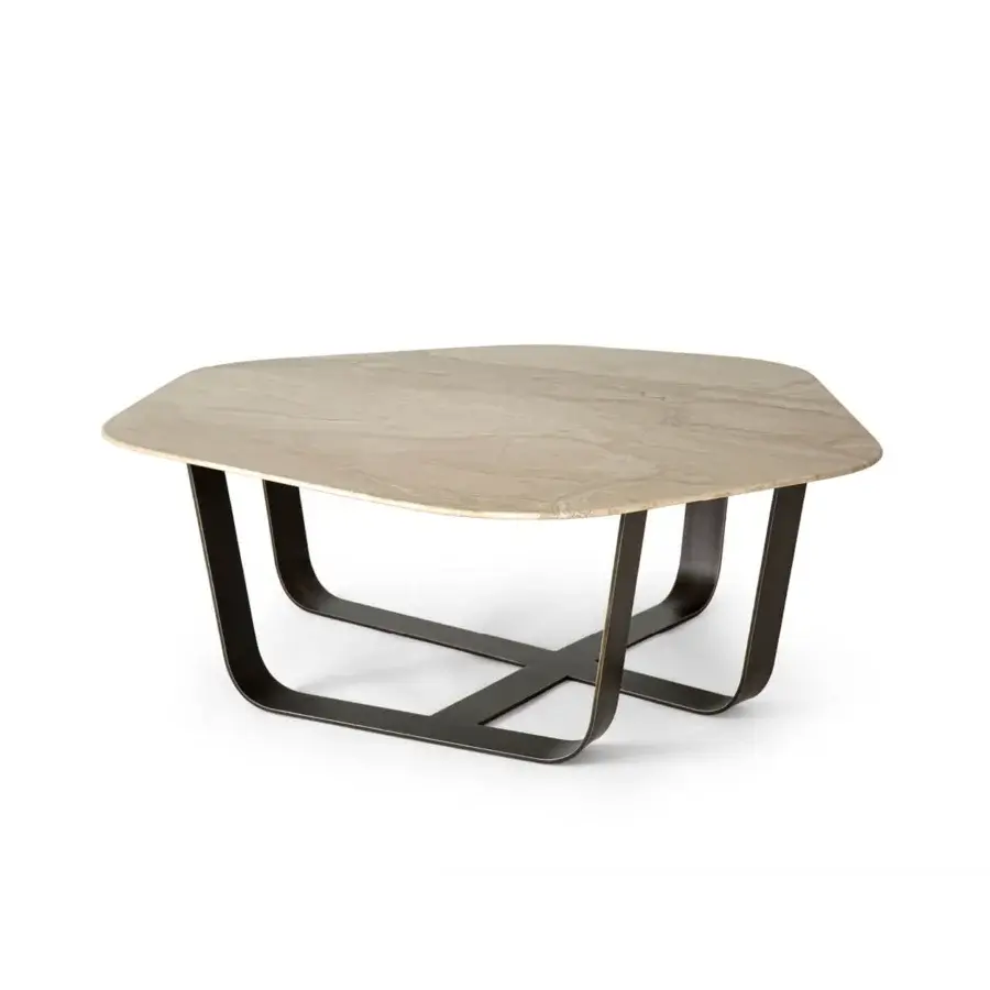 Distinguished Borzalino Ground coffee table with irregular light beige marble top and dark lacquered metal base crafted in Italy