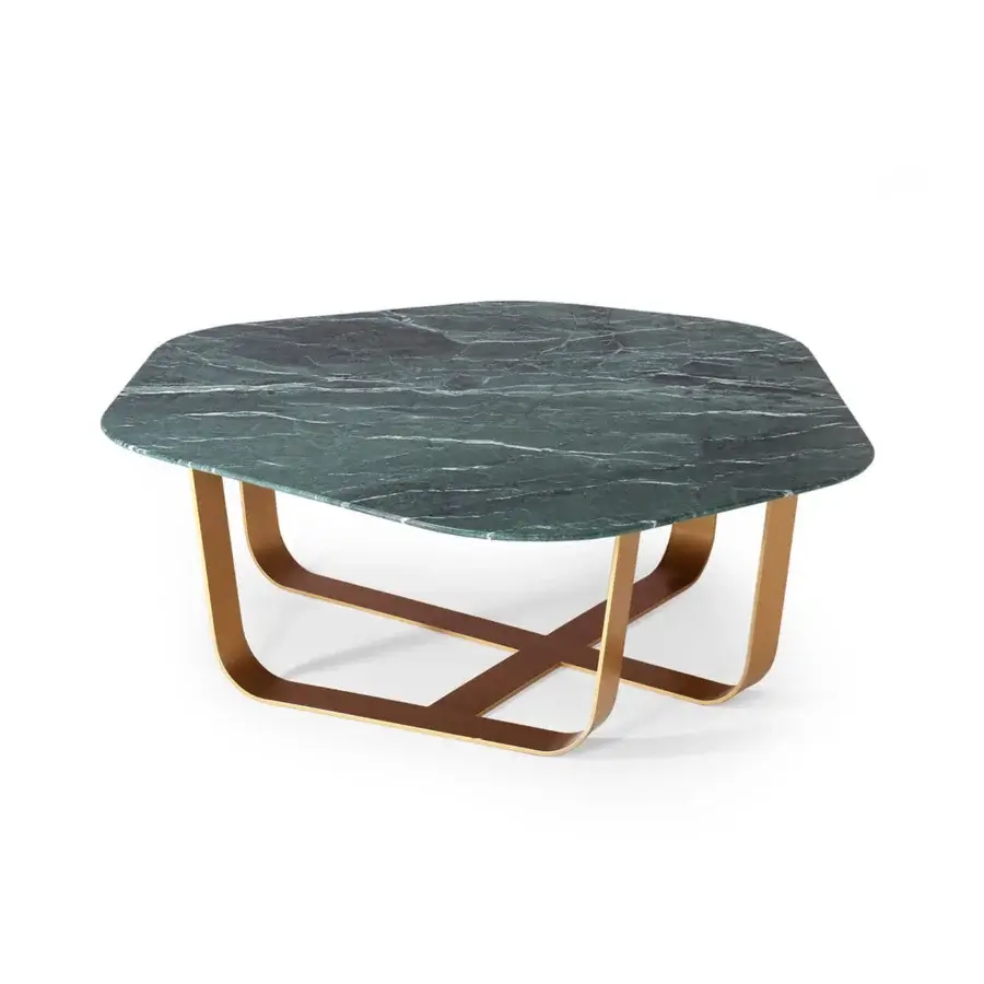 Superior Borzalino Ground coffee table with polished green marble tabletop and lacquered bronze tone metal base crafted with intersected U-shaped legs