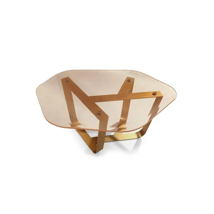 Elegant Borzalino Ground coffee table with meshed glass top and golden lacquered metal base crafted in geometric triangles
