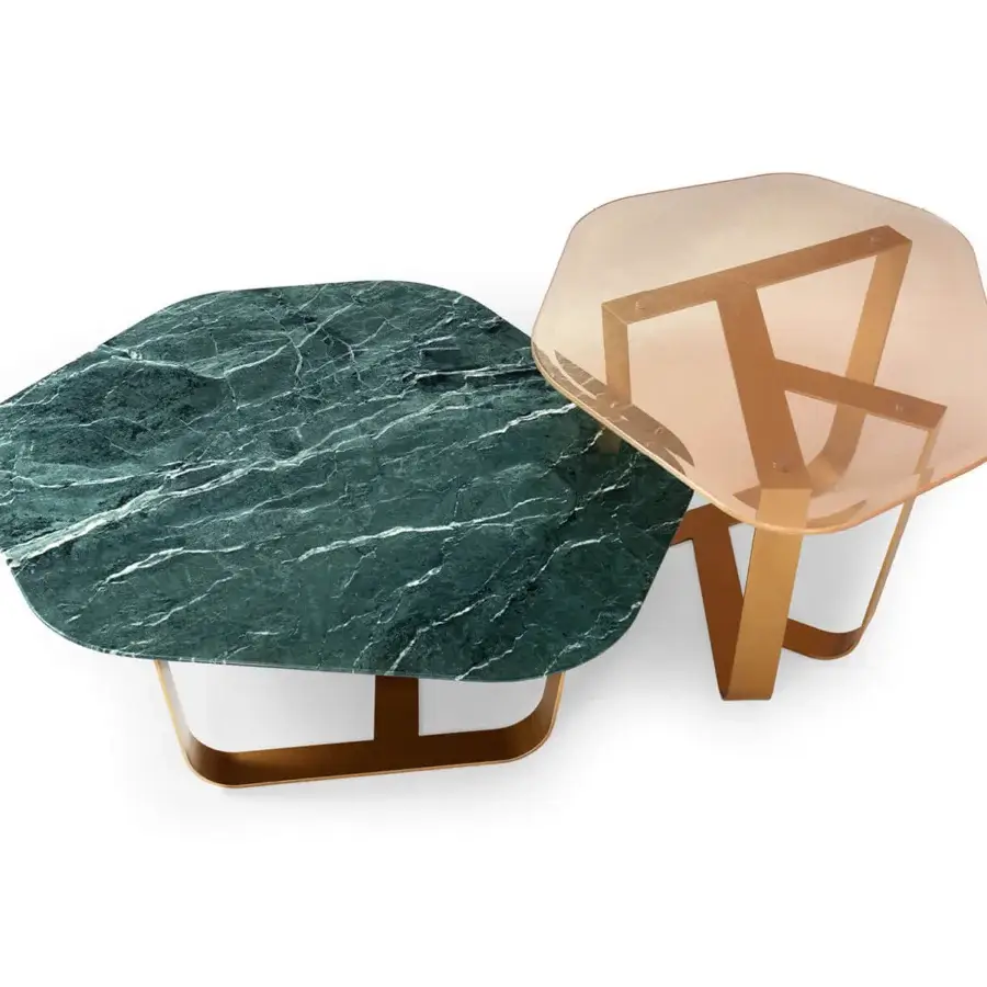 Refined Borzalino Ground coffee table with irregular dark green marble top and lacquered metal base