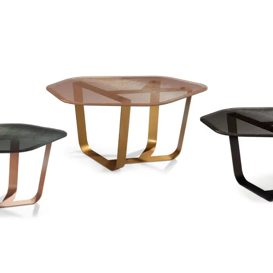 Distinguished Borzalino Ground coffee table with smoky gray meshed glass top and sleek copper-toned lacquered metal base