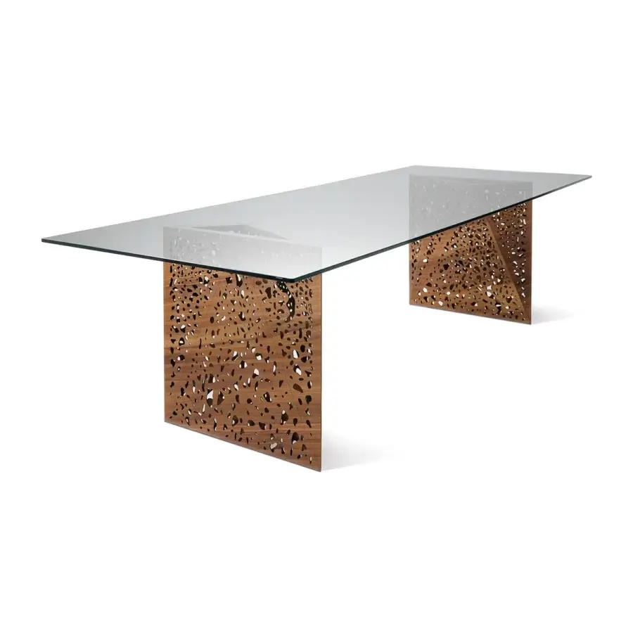 Exceptional Horm Riddled table with a rectangular glass top and smooth medium-brown laser-engraved wooden legs crafted in Italy