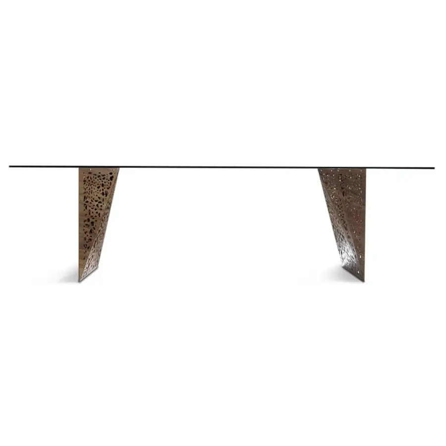 Avant-garde Horm Riddled table with a transparent glass top and laser-engraved wood legs built with textured metal bases