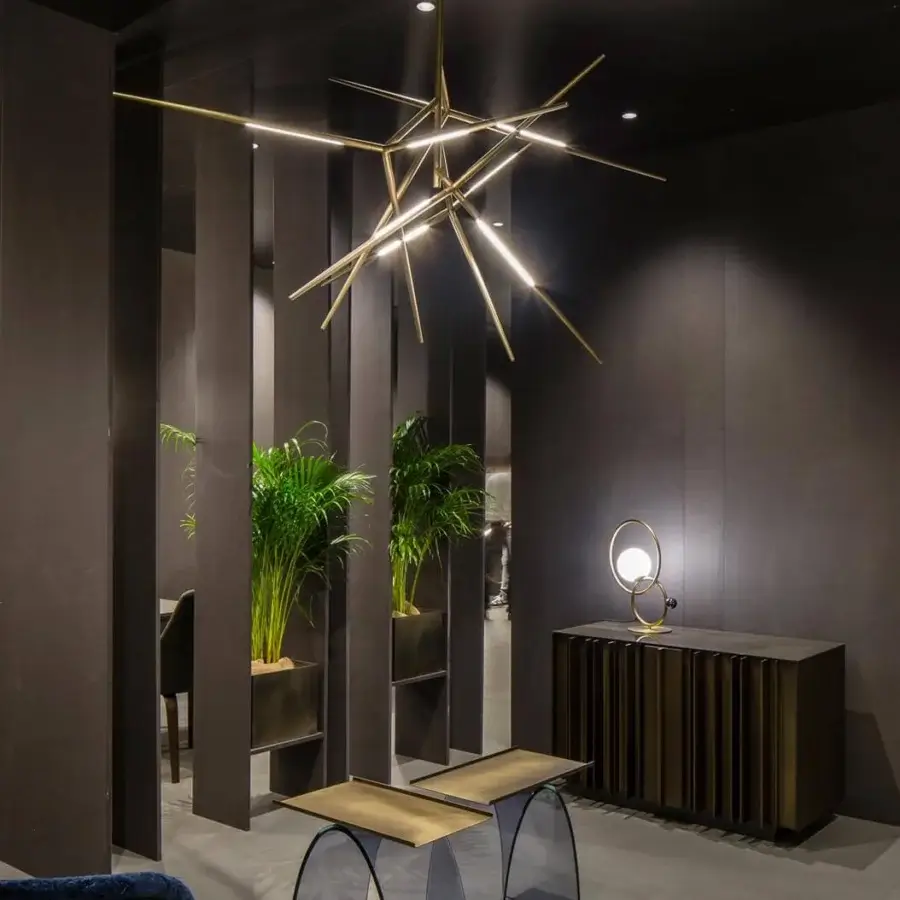 Superior VENICEM Spear chandelier with starburst silhouette in light burnished brass and integrated LEDs
