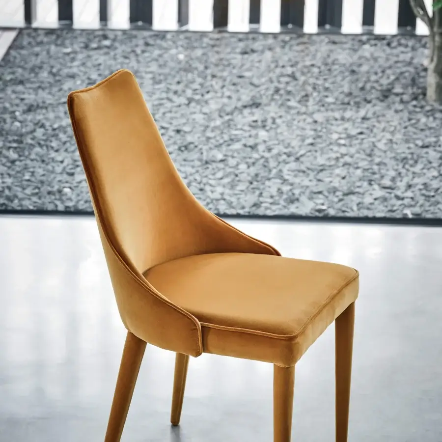 Distinguished Bontempi Clara chair with warm golden-yellow textile and smooth matte finish crafted in Italy