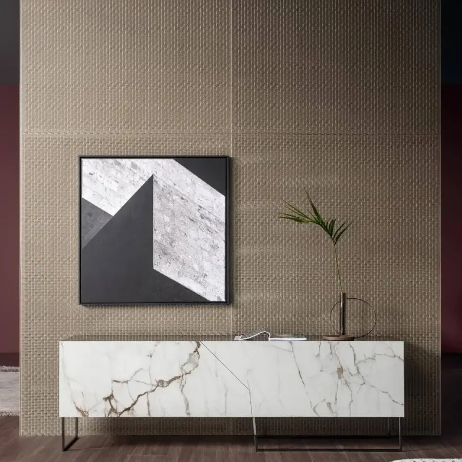 Captivating Bonaldo Doppler K sideboard with lacquered wood structure and metal base, showcasing ceramic doors in white with brown and grey veining