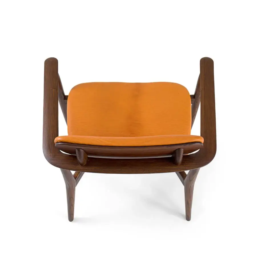 Exceptional Borzalino Regina lounge chair upholstered in vibrant orange textile with dark brown matte finished solid wood construction
