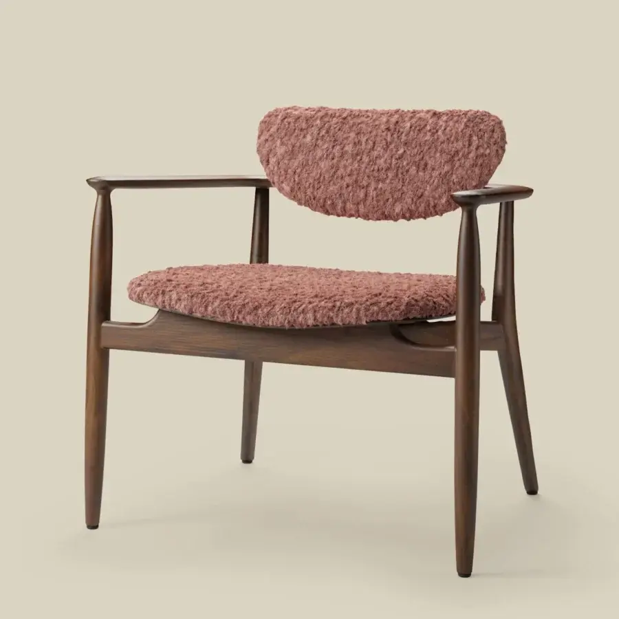 Distinguished Borzalino Regina lounge chair with solid wood and plush reddish-brown textile upholstery, showcasing a dark-stained finish