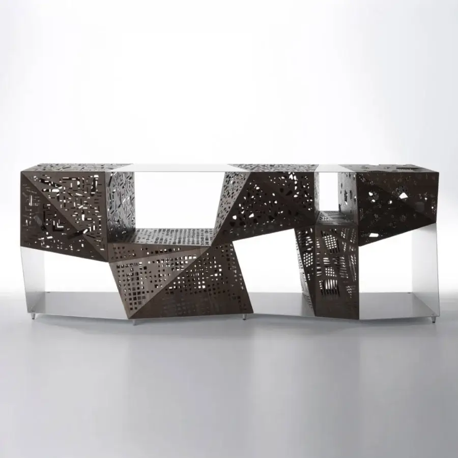Distinguished Horm Riddled sideboard with aluminum frame and origami-folded wooden sheets in dark brown finish