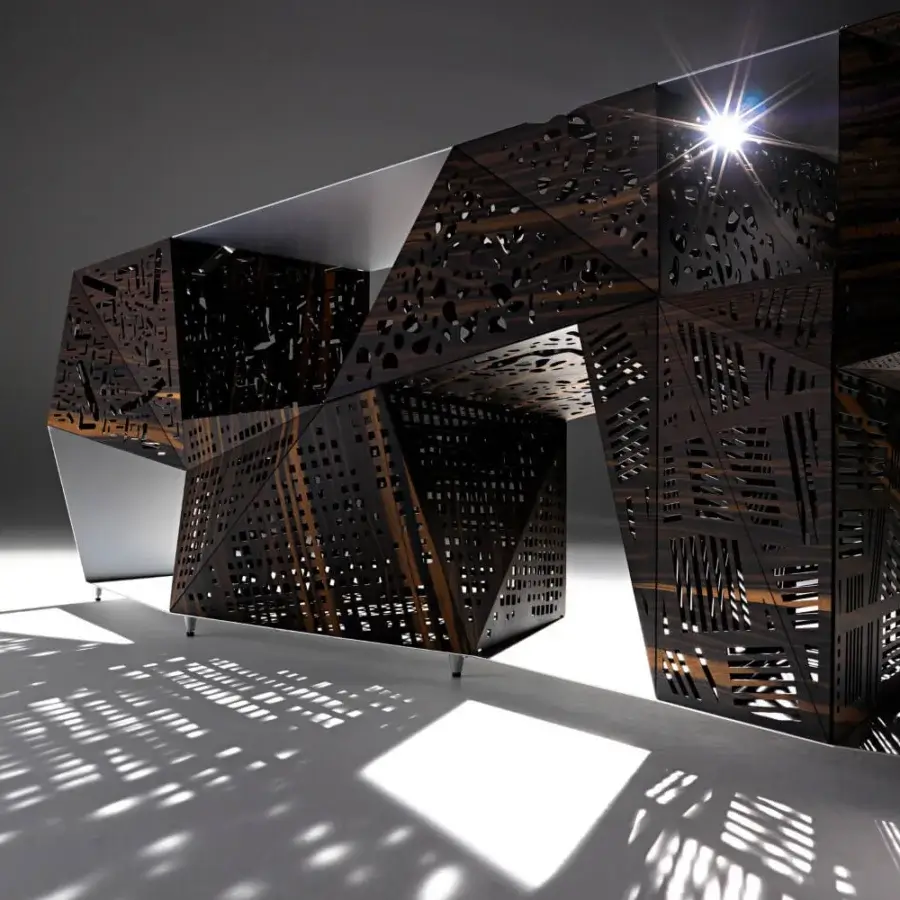 Distinguished Horm Riddled sideboard with an aluminum frame and five origami-folded wooden storage units in an ebonized finish