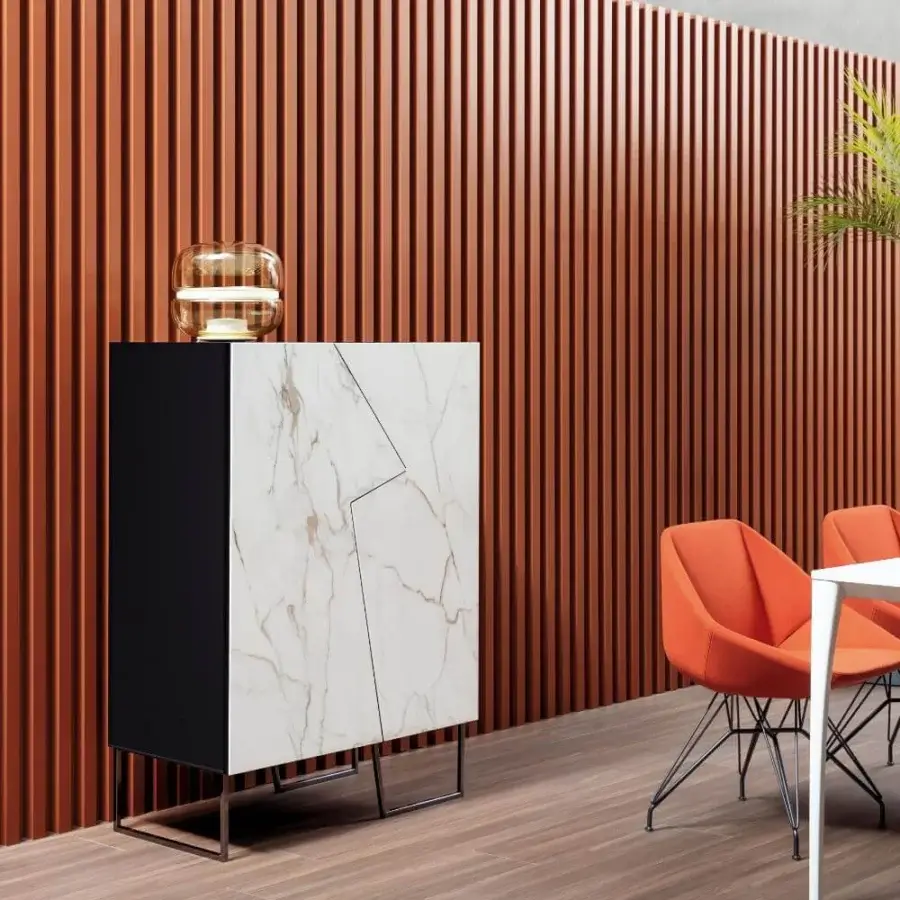Elegant Bonaldo Doppler K cupboard with lacquered wood, a metal base and asymmetrical ceramic doors in a marble-like finish