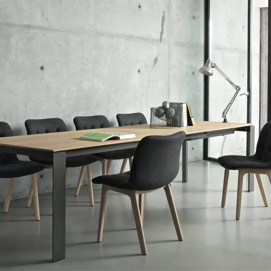 Superior Bontempi Kuga Wood chair with dark gray upholstered seat and backrest built with light-toned wooden legs