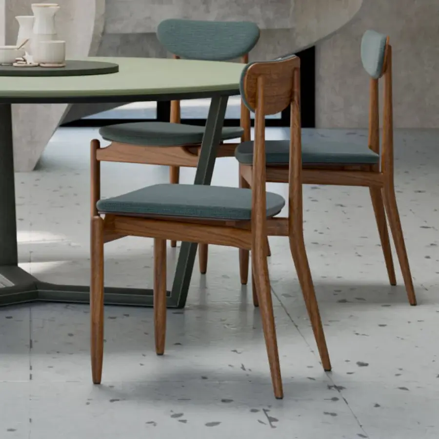 Elegant Borzalino Regina chair crafted in Italy with blue-grey textile upholstery and warm brown wood with a smooth matte finish