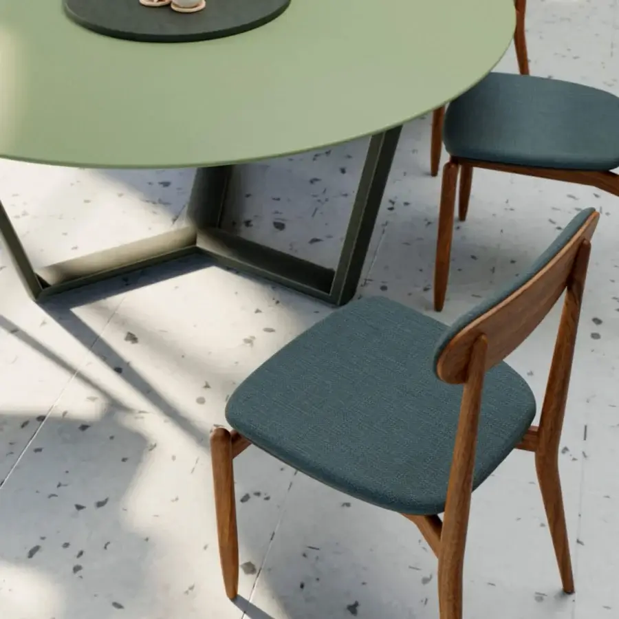 Exceptional Borzalino Regina armchair built in Italy with textured blue-grey textile and warm solid wood structure