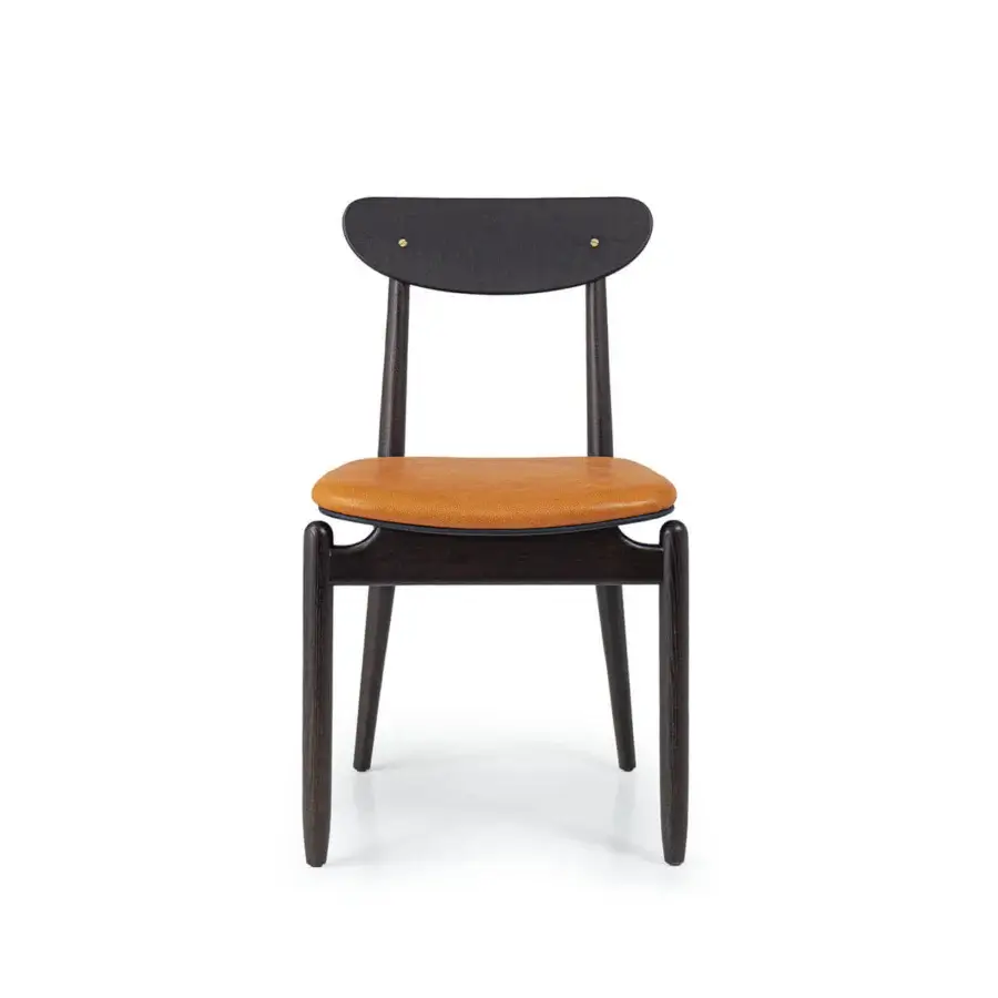 Elegant Borzalino Regina chair with a solid wood structure and tan leather-like upholstery offering a dark wood finish