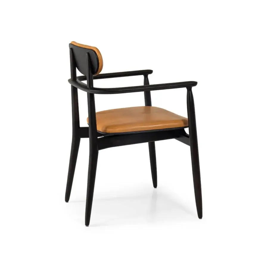 Exceptional Borzalino Regina chair crafted with dark-finished solid wood and tan leather upholstery for dining settings