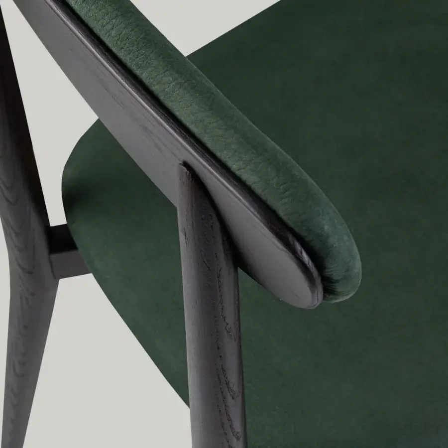 Distinguished Borzalino Regina chair crafted in Italy with plush green textile and dark-toned wood grain