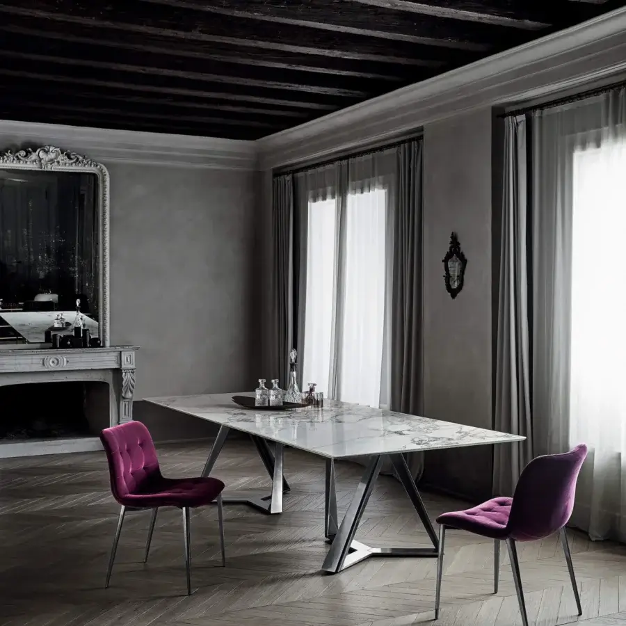 Distinguished Bontempi Kuga chair with refined padding, solid purple textile upholstery and smooth silver-toned metal frame