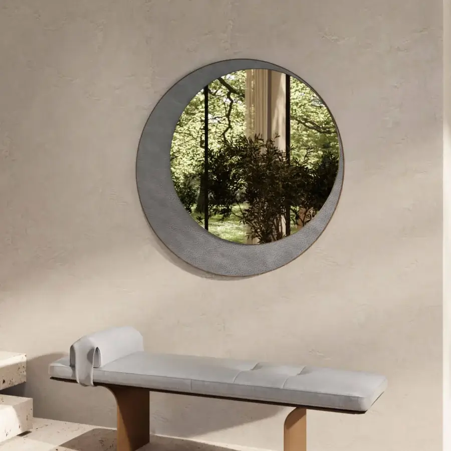 Exceptional Borzalino Eclipse mirror with a round silhouette and textured matte grey with a copper inner band