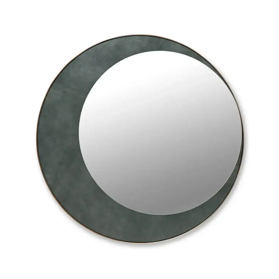 Elegant Borzalino Eclipse mirror with a round form built in dark gray with treated brass metal trim and leather or fabric