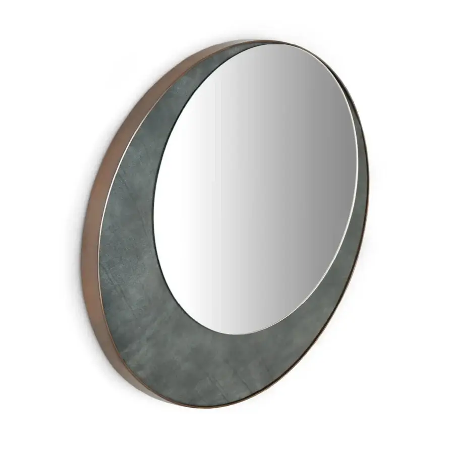 Distinguished Borzalino Eclipse mirror with an elliptical reflective surface and treated brass metal frame built in grayish-green material