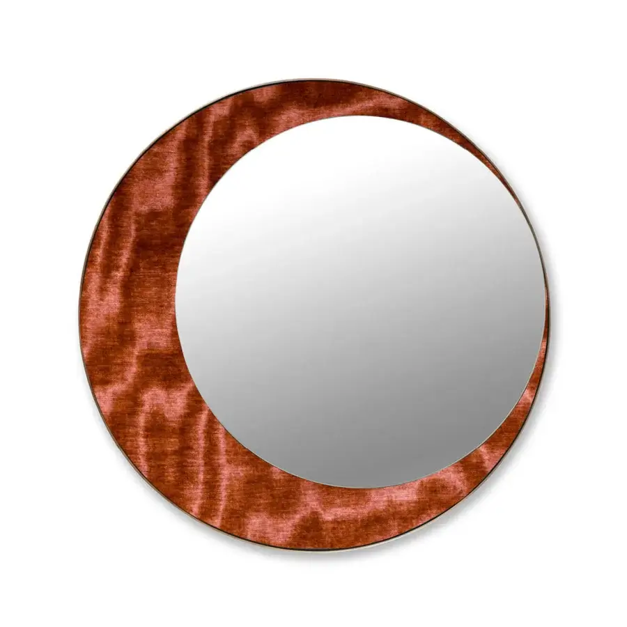 Sophisticated Borzalino Eclipse mirror with a treated brass frame partially covered in reddish-brown marbled textile and luxurious finish
