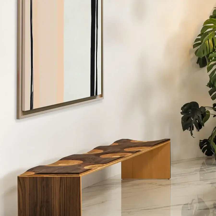 Exceptional Horm Ripples bench built in laminated walnut, mahogany, cherry, oak, and ash with hand-finished surfaces