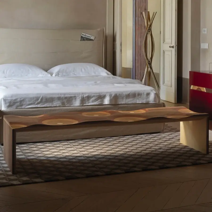 Superior Horm Ripples bench crafted in laminated walnut, mahogany, cherry, oak, and ash with hand-finished surface