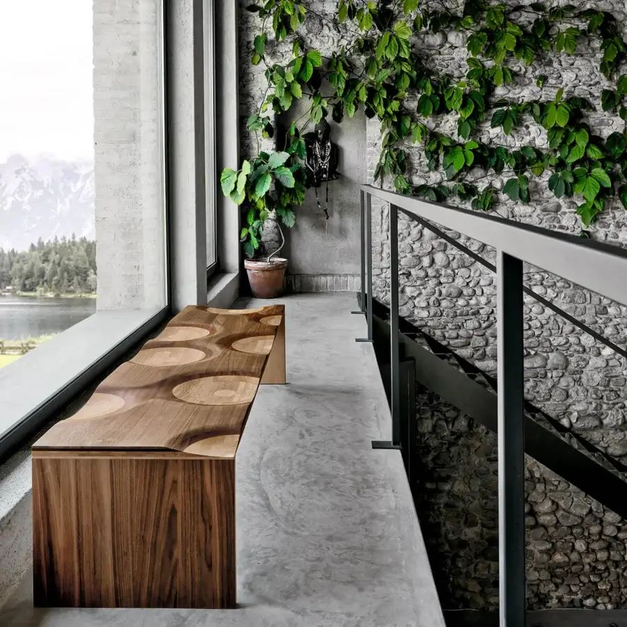 Captivating Horm Ripples bench with a hand-finished polychromatic surface in walnut, mahogany, cherry, oak, and ash