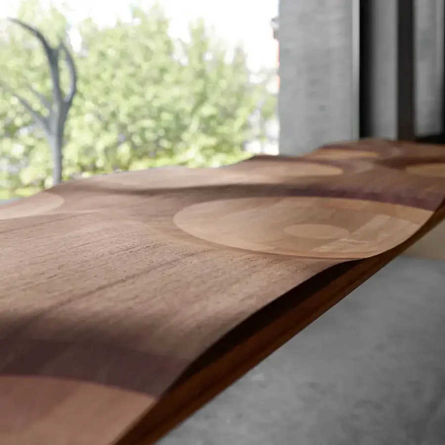 Superior Horm Ripples bench crafted with laminated walnut, mahogany, cherry, oak, and ash with a hand-finished surface