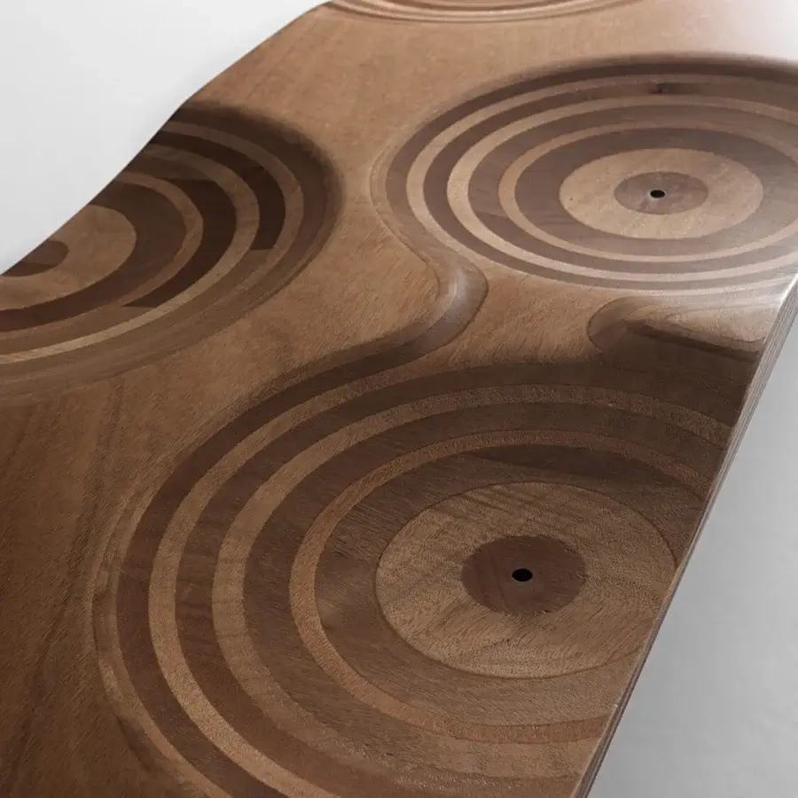 Distinguished Horm Ripples bench crafted in Italy with okoume wood exhibiting organic form and smooth finish