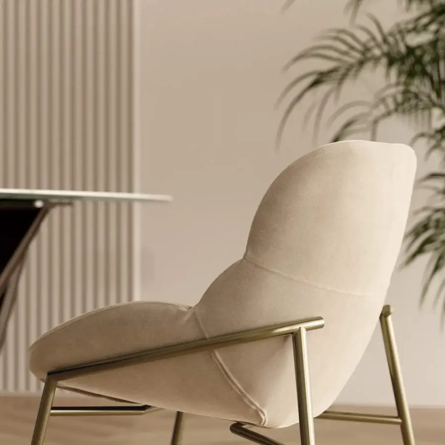 Distinguished Bontempi Amelie chair with softly upholstered seat and back in light beige textile exhibiting a matte finish