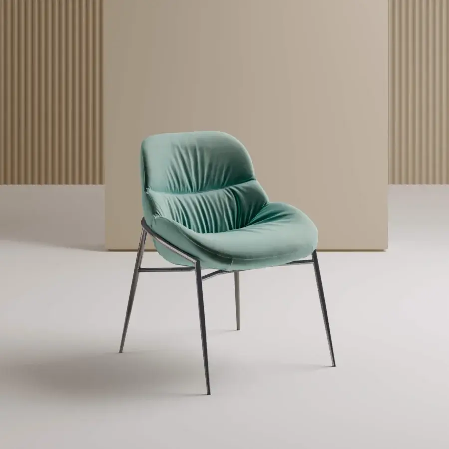 Elegant Bontempi Amelie chair with rounded silhouette upholstered in light greenish-blue textile and dark metal frame