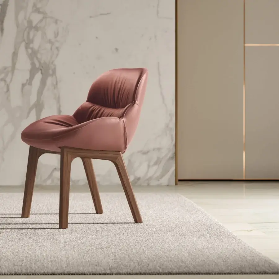 Exceptional Bontempi Amelie Wood chair with softly upholstered back and seat in modern pink textile with satin finish legs