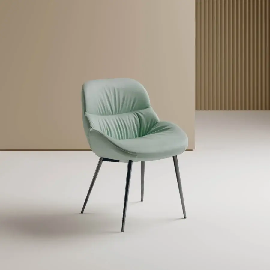 Elegant Bontempi Amelie chair with light green upholstered seat and back, built with rounded dark metal spindle legs