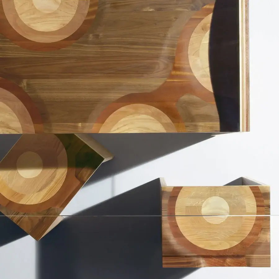 Exceptional Horm Ripples stool with captivating circular wood grain in blonde to dark brown, hand-finished laminated composite materials