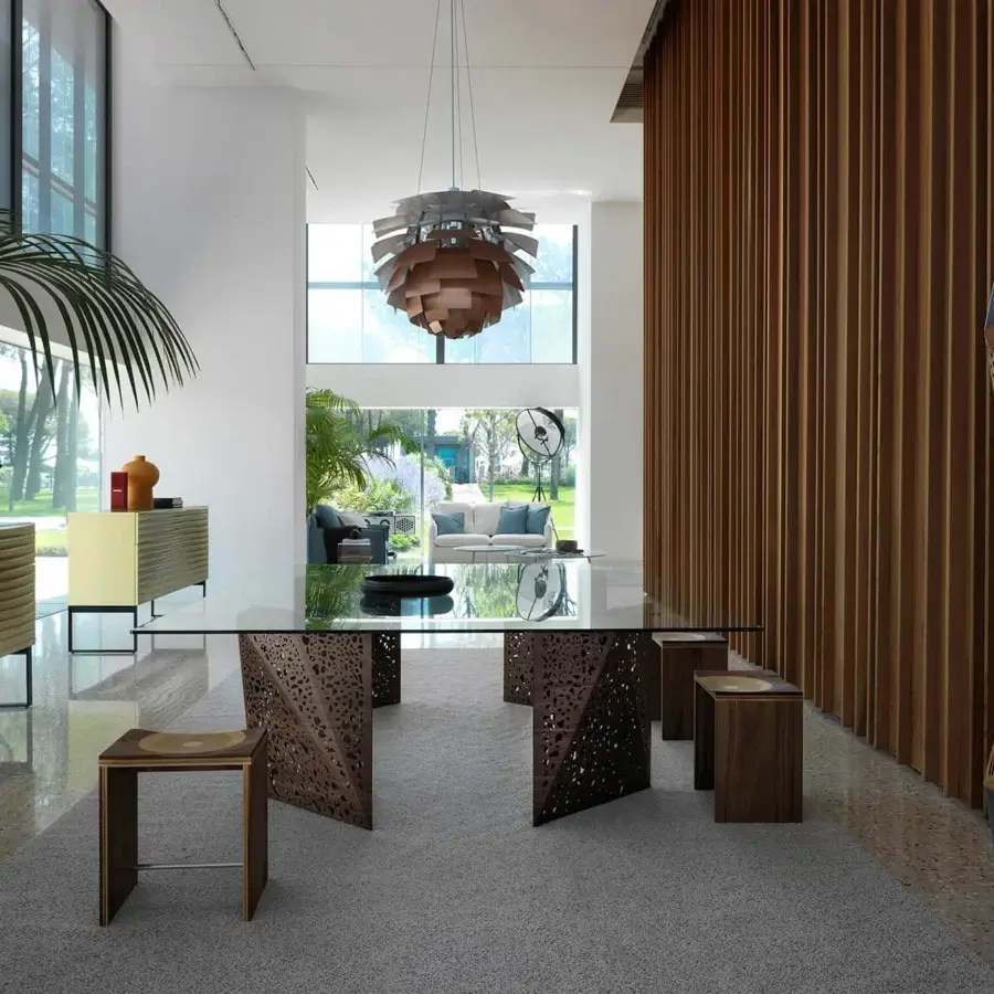 Distinguished Horm Ripples stool built in Italy with walnut, mahogany, cherry, oak, and ash composite, matte finish