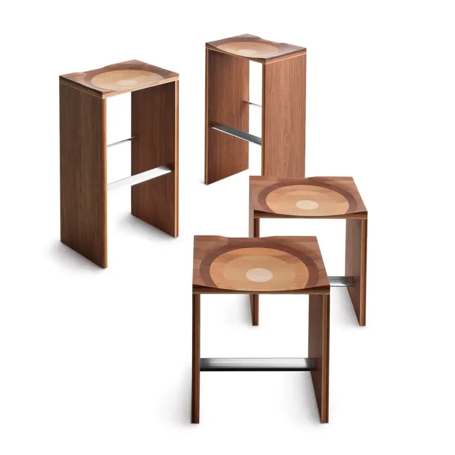 Exceptional Horm Ripples stool crafted in Italy with laminated composite walnut, mahogany, cherry, oak, and ash exhibiting a smooth finish