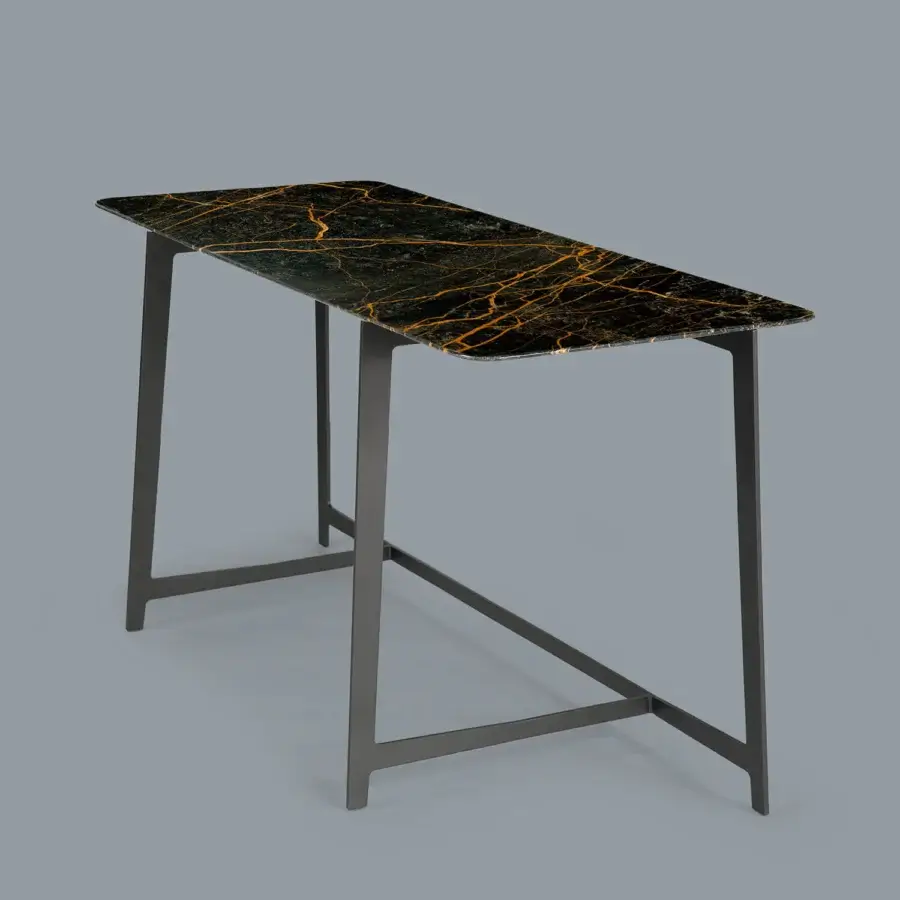 Distinguished Borzalino B195 desk with dark glossy marble top and matte dark gray lacquered metal base