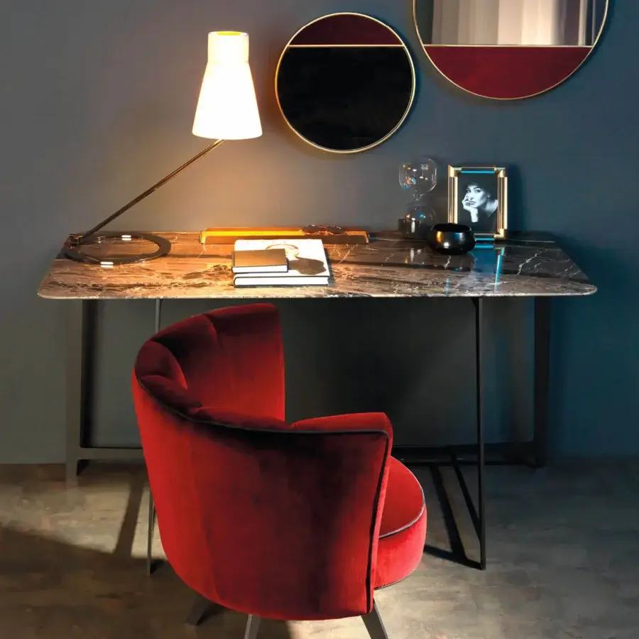 Elegant Borzalino B195 desk with inclined dark brown and gray marble top and dark matte metal base