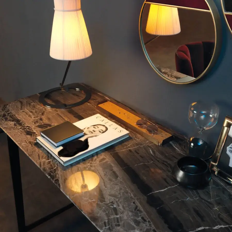 Superior Borzalino B195 desk with dark lacquered metal base and glossy marble top displaying brown, gray, and white veining