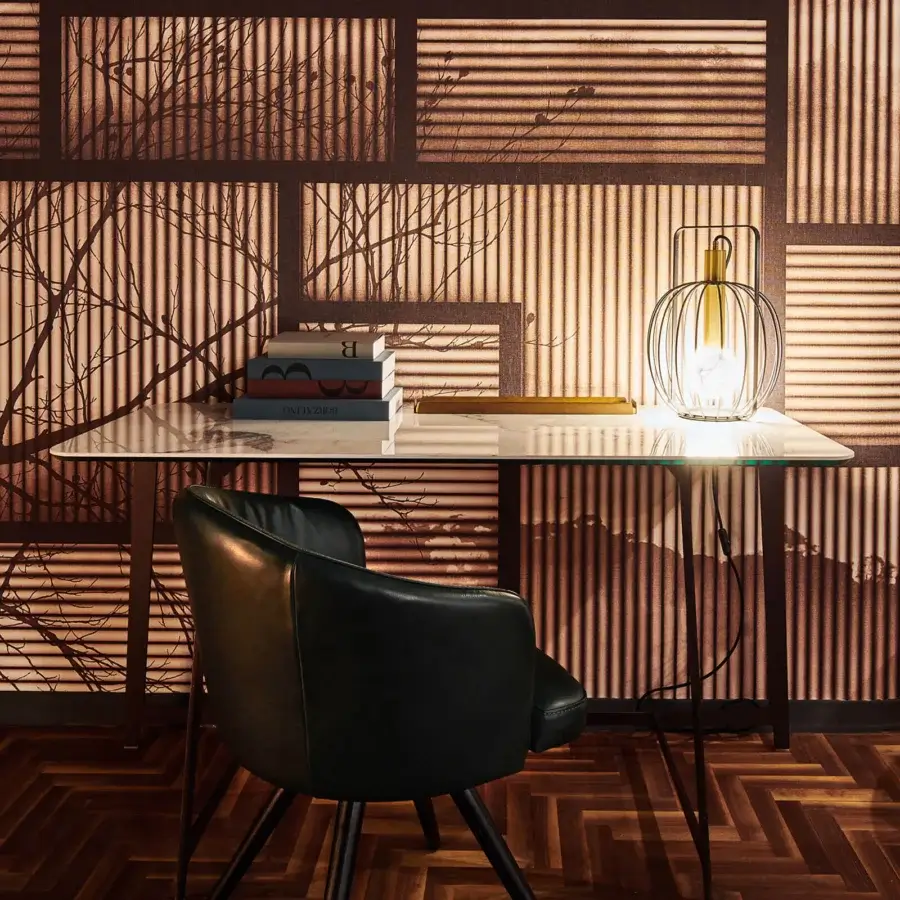 Distinguished Borzalino B195 desk with inclined clear glass top and sleek black lacquered metal base crafted in Italy