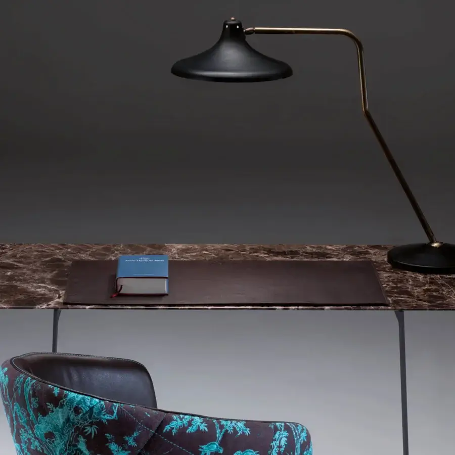 Exceptional Borzalino B195 desk with a brown marbled top and dark matte lacquered metal base crafted in Italy