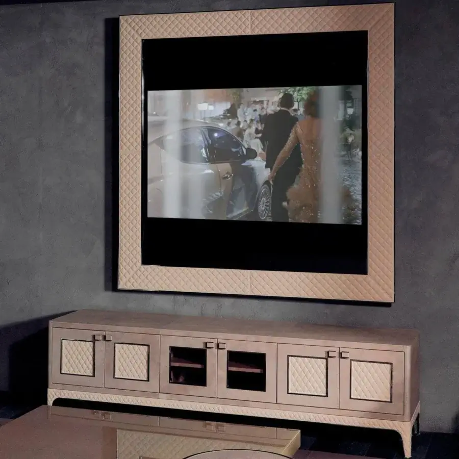 Exclusive Rugiano Ghost TV mirror crafted in light tan leather with matelassé embroidery and silver-toned steel finish