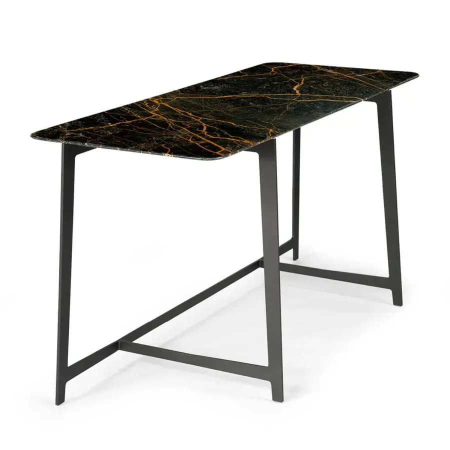 Superior Borzalino B195 desk with a marble top exhibiting gold veins and a matte gray lacquered metal base
