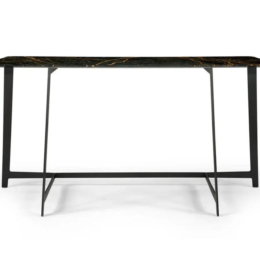Distinguished Borzalino B195 desk with a glossy marble-patterned top and lacquered black metal angular base exhibiting Italian design