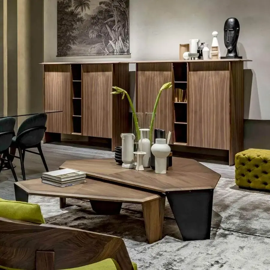 Exceptional Porada Tortuga coffee table crafted in canaletto walnut with inlaid veneer and matte finish, supported by metal legs
