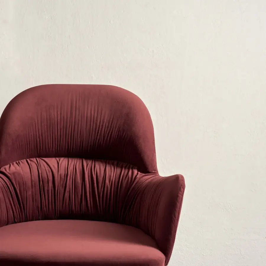 Distinguished Bontempi Queen Wood chair with contemporary burgundy textile and softly upholstered wrinkles exhibiting a matte finish