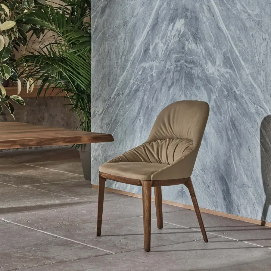 Superior Bontempi Queen Wood chair with light tan textile upholstery and matte finish wooden legs